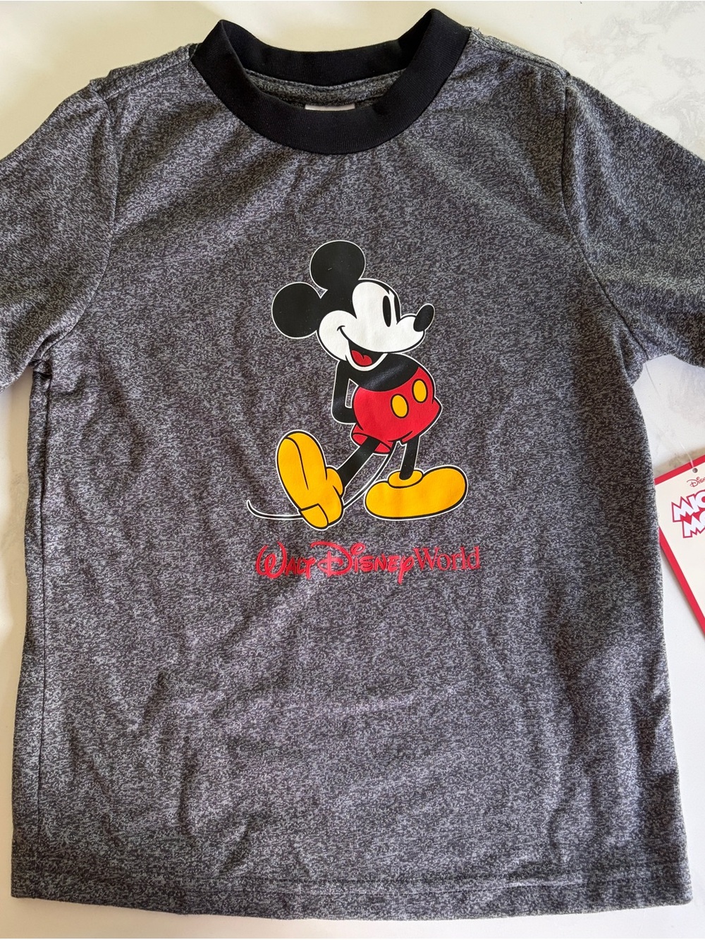 Disney Gray Heather Mickey Mouse Short Sleeve Tee with Red & Yellow Graphic